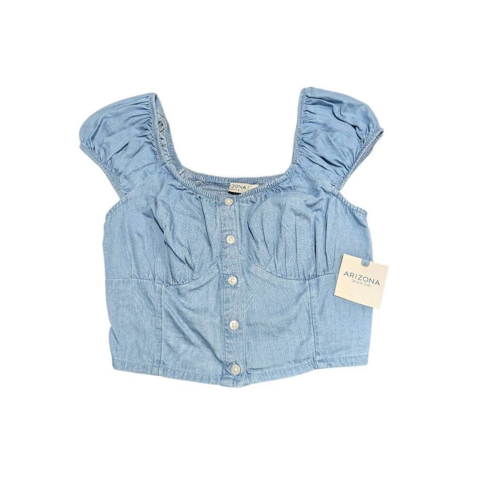 NWT Arizona Women's Demin Sweetheart Neck Short Sleeve Blouse Juniors Small